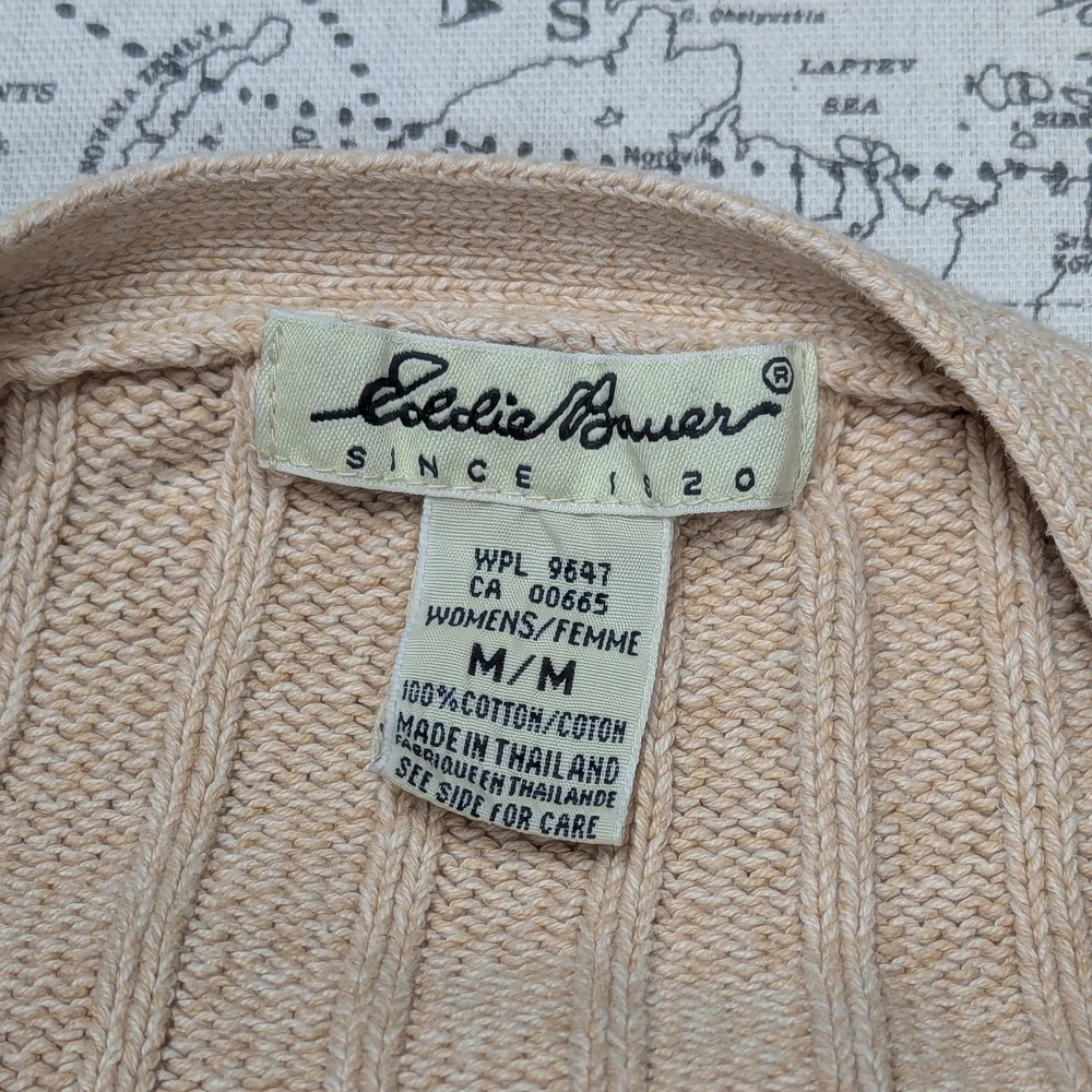 Vintage 90s Eddie Bauer Beige Ribbed Cotton Cardigan Sweater Size Medium - Picture 2 of 4